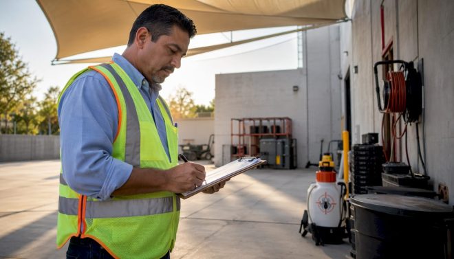 Facility manager inspecting commercial building area