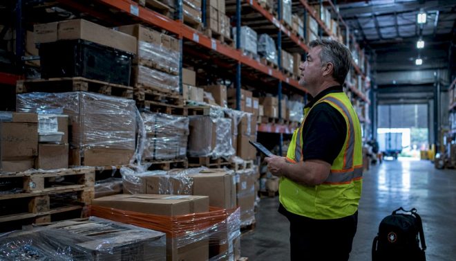 Warehouse manager inspecting inventory for pest damage