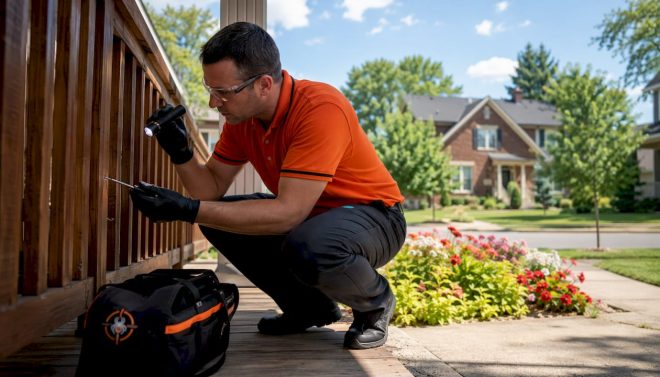 Inspector examining wooden deck with tools