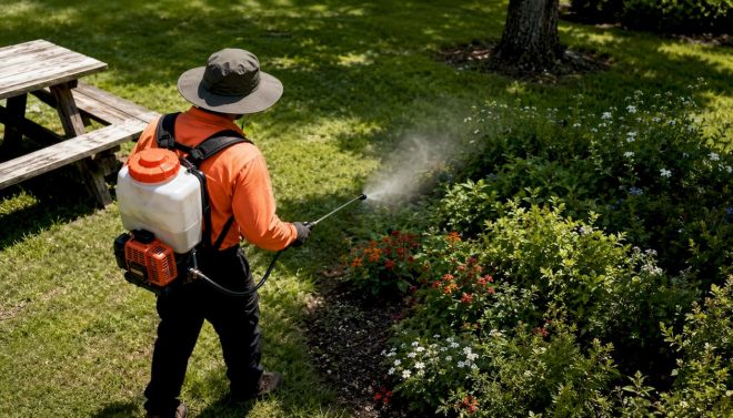 Technician spraying mosquito treatment in yard